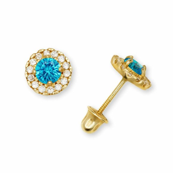Solid 14K Yellow Gold Halo Birthstone Stud Screw Back Earrings w/ Sparkly Stones - Picture 12 of 12
